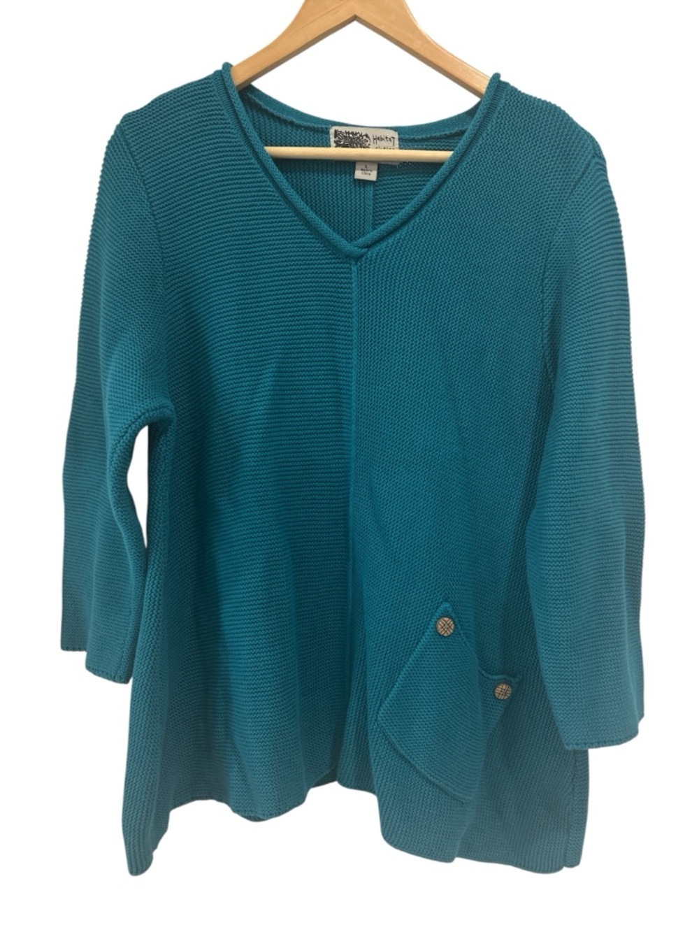 Habitat Cotton Lagenlook V Neck Patch Pocket Pullover Sweater in Teal - Large